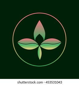 Three leaf gradient logotype. Abstract eco logo concept of branding. Two color triple leaf and tree symbol. Vector illustration on isolated dark background. Floral, ecologic and biologic concept.