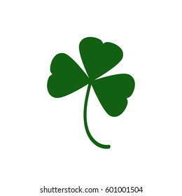 Three leaf irish clover icon. Deep green shamrock Isolated on white. St Patrick day vector illustration. Flat design.