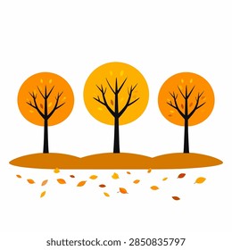 Three leafless trees with orange foliage in autumn, scattered leaves on ground, peaceful park setting, vibrant seasonal colors, outdoor nature scene.