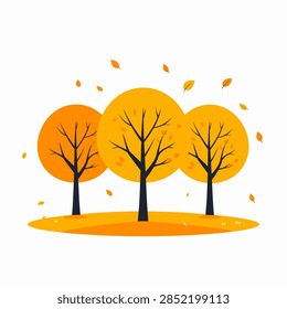 Three leafless trees with orange foliage in the background, leaves falling, representing autumn scenery and seasonal change in nature.
