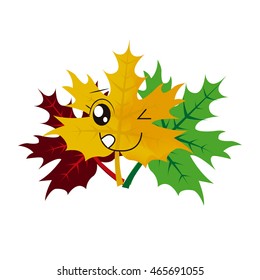 three leafs of maple in kawaii wink expression,  white backdrop 