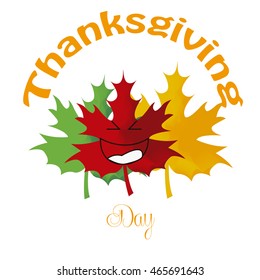 three leafs maple, thanksgiving illustration,  smiling, kawaii expression in white color backdrop