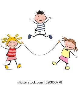 three leaping kids and jumping rope, vector icon
