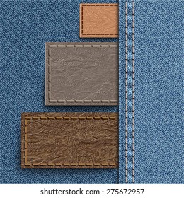 Three leather label sewn into denim. Jeans background can be used for infographics and other.  Vector illustration