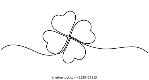 Three leaves clover in one continuous line drawing vector illustration. Pro vector, Continuous linear drawing of clover leaves. One line drawing background. Vector illustration. Linear drawing image. 