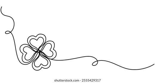 Three leaves clover in one continuous line drawing vector illustration. Pro vector, Continuous linear drawing of clover leaves. One line drawing background. Vector illustration. Linear drawing image. 