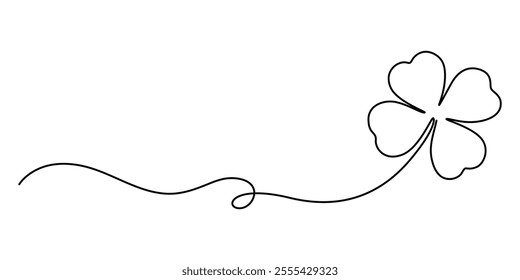 Three leaves clover in one continuous line drawing vector illustration. Pro vector, Continuous linear drawing of clover leaves. One line drawing background. Vector illustration. Linear drawing image. 