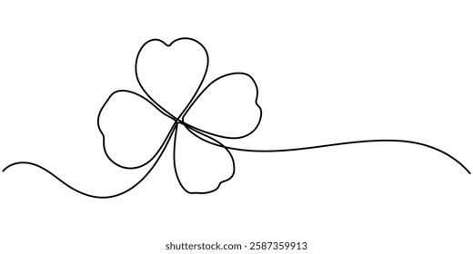 Three leaves clover in one continuous line drawing vector illustration. Pro vector, Continuous one line drawing of four leaf clovers. Clover four-leaf in continuous single line art drawing vector