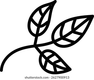 Three leaves are depicted on a curving stem in a bold line art style.  A simple sprig of foliage is shown with a minimalist approach to botanical forms. Cartoon vector illustration