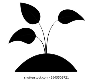 Three leaves on branches on a pile of soil. Silhouette. A seed that has sprouted into a plant has broken through the ground. Vector illustration. Isolated white background. Cartoon style. 
