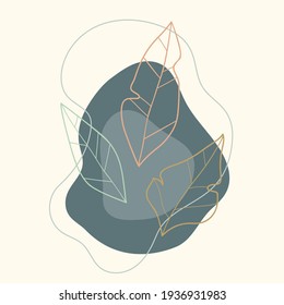 Three leaves on a calm blue-gray spots, line shape. Isolated floral illustration. Suitable for poster, banner, label, card.
