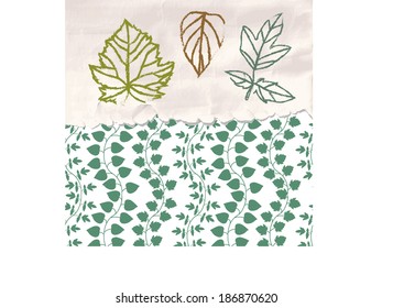 Three leaves on a piece of old ragged paper and seamless pattern of branches with various leaves