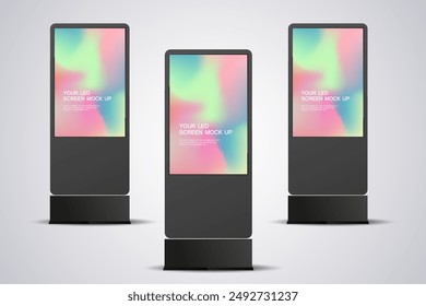 Three LED Screen Mockup in 3Ds of Realistic screen light box for out door signage vector design. Collection of three 3Ds LED vector mock up Illuminated lightbox