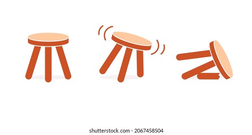 Three legged stool stable wobbly and broken icon set. Clipart image isolated on white background