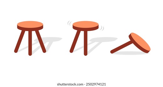 Three legged stool stable wobbly and broken icon set. Clipart image isolated on white background