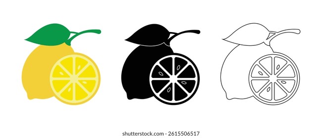 Three lemon illustrations: color, black and white, and outline versions. Perfect for various designs.