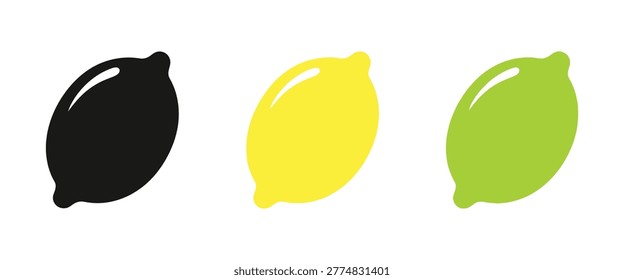 Three lemon and lime fruit icons in black yellow and green isolated on transparent background