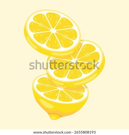 Three lemon slices stacked on top of each other, with the bottom slice being a half lemon, all against a pale yellow background.