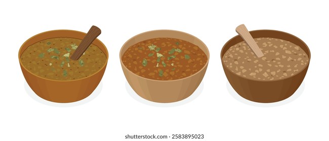 Three lentil soups in brown bowls inspired by the Old Testament account of Jacob and Esau in isometric perspective - easy to edit and rearrange, including the spoons, garnishes, and bowl shadows