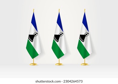 Three Lesotho flags in a row on a golden stand, illustration of press conference and other meetings. Vector illustration.