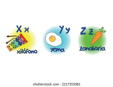 Three Letters Of Spanish Alphabet With Upper And Lower Case Letters And Example Words With Pictures; Vector Design For Teachers, Schools, Lessons