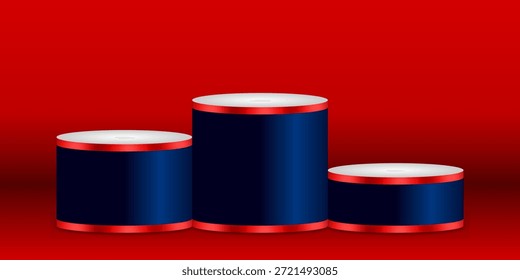 Three level winner podium stage on red background for award ceremony product presentation advertising branding and competition design