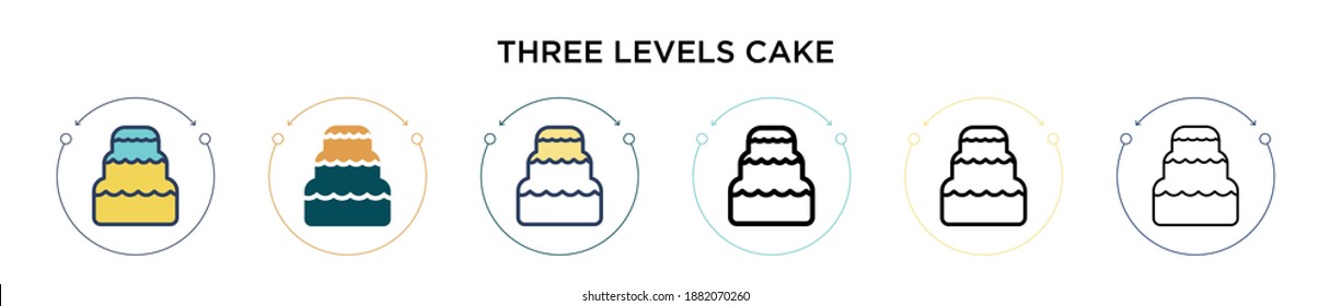Three levels cake icon in filled, thin line, outline and stroke style. Vector illustration of two colored and black three levels cake vector icons designs can be used for mobile, ui, web