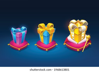 
Three levels of Gift Boxes for a game interfaces. Reward vector icon. Final Prize. Getting rewards in a game. GUI set elements for mobile