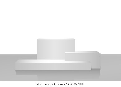 Three levels pedestal for the exhibition, advertising presentation. Product Podium with reflection on a white background. Thetor, realism. Scene for the museum.