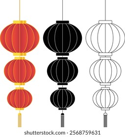 Three levels Red Circle Chinese Lantern with Black Solid and Outline Version