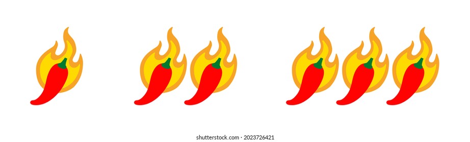 Three levels of spicy markers. Mild, medium and hot. Peppers over a flame. Flat vector isolated on white.