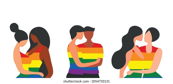 Three Lgbt couples with rainbow color isolated vector illustration. LGBTQ transgender family concept