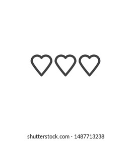 Three life, gaming hearts line icon. linear style sign for mobile concept and web design. 3 game hearts outline vector icon. Love symbol, logo illustration. Vector graphics