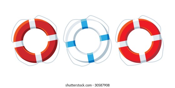 Three lifebuoys red and white. Vector illustration.