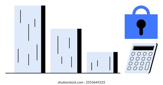 Three light blue bar graphs of different heights are alongside a blue lock and calculator. Ideal for financial analysis, data protection, cybersecurity, accounting, and statistics. Simple, modern