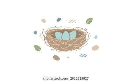 Three light blue bird eggs resting inside a woven twig nest decorated with small brown stones and floating green leaves in simple flat art.