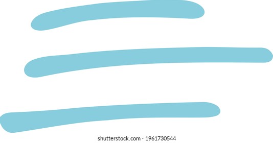 Three light blue blue horizontal hand-drawn lines. Simple flat clip art. Graphic elements of different lengths. Strokes are located one above other with an offset. Doodle for modern design templates. 