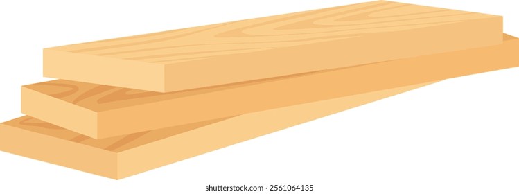 Three light brown rectangular planks of wood stacked on top of each other, creating a parallelepiped shape, isolated on a white background, ready for carpentry or construction projects