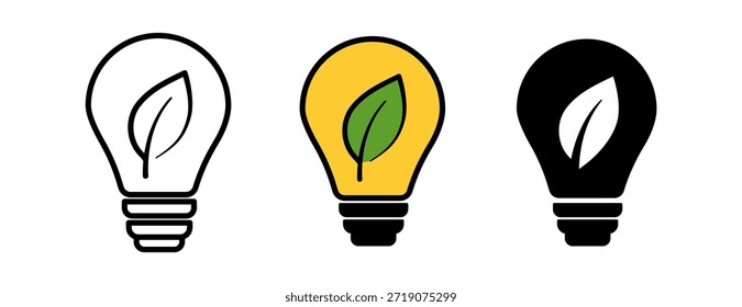 Three light bulb designs featuring a leaf, symbolizing eco-friendly energy solutions.