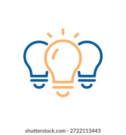 Three light bulbs with center one glowing, representing inspiration, creativity, innovation and new ideas sparking solutions and progress. Thin line icon editable stroke