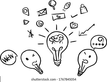 Tres bombillas, una bombilla, sonriente y brillante, marketing de ideas y idea creativa para el trabajo. 