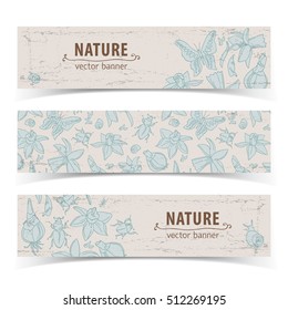 Three light colored isolated hand drawn doodle flowers banner set with titles nature vector illustration