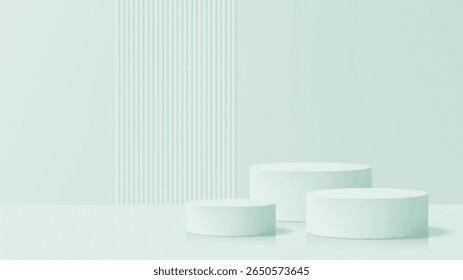 Tres podios cilíndricos de color verde claro con una pared acanalada en el fondo. Escaparate abstracto moderno de la habitación 3D.