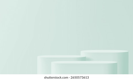 Three light green display pedestals on pale green backdrop for product presentation and advertising. Minimalist empty stage layout design.