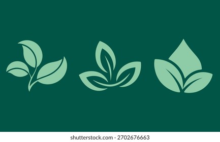 Tres iconos de hojas de color verde claro en una fila sobre un fondo verde oscuro que representa la naturaleza y el crecimiento