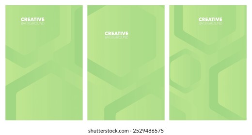 Three light green vertical panels with overlapping, geometric shapes. 