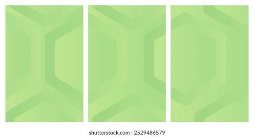 Drei hellgrüne vertikale Paneele mit überlappenden, geometrischen Formen. 