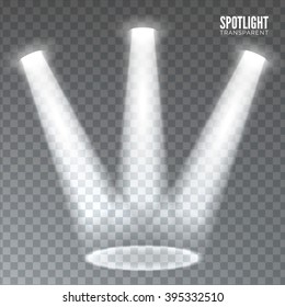 Three light powerful beam on transparent background highlight important. Cinema show spotlight glowing background. Vector scene illuminated spotlights. Stage limelight on transparent background. 