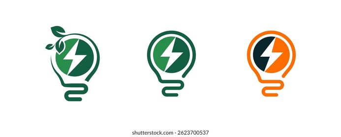 Three lightbulb icons depict green energy. One features leaves, symbolizing ecofriendly power. Others use color variations to represent different energy sources.