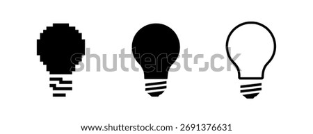 Three Lightbulb Icons Showing Pixelated Solid and Outline Representations